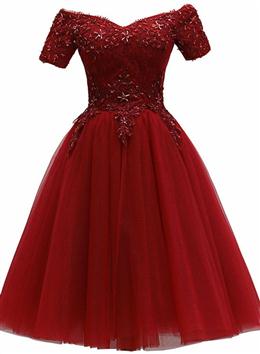 Picture of Cute Burgundy Off Shoulder Tulle Party Dresses, Wine Red Color Homecoming Dresses